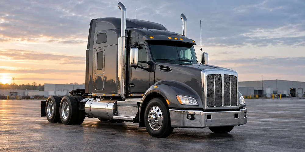 Semi-truck tractor without trailer at a transport depot at sunrise